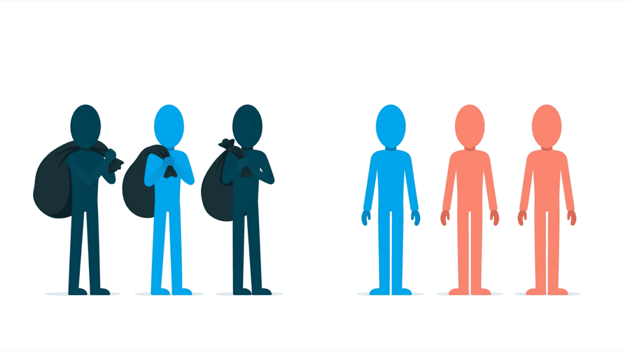 Illustration: a group of figures each carrying a full sack standing apart from a group of figures standing with empty hands