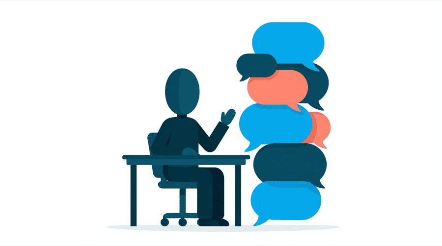 Illustration: a figure at a desk facing a tall stack of small speech bubbles filling the right of the frame
