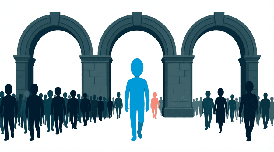 Illustration: three stone archways in a row with crowds of figures moving between them