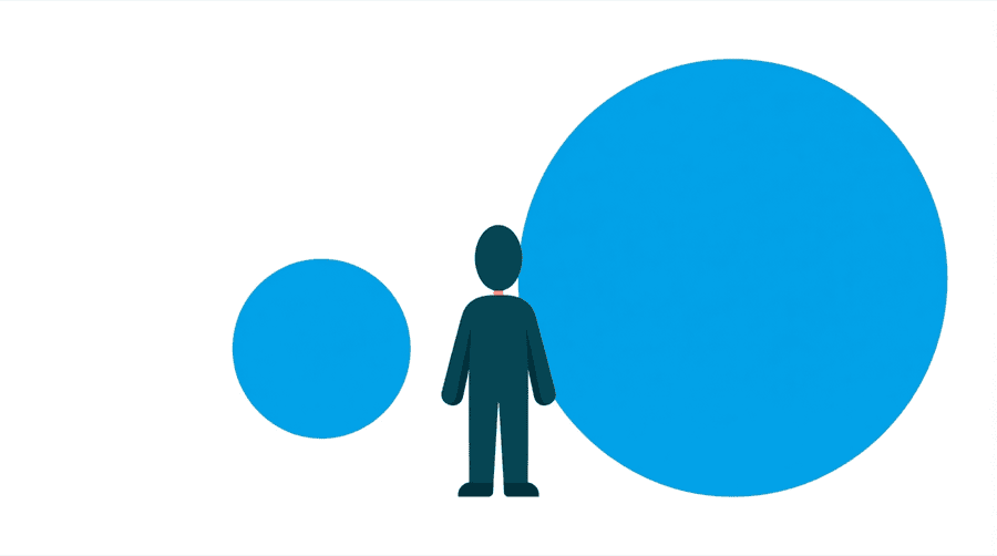 Illustration: a figure standing between a very small circle on the left and an enormous circle on the right