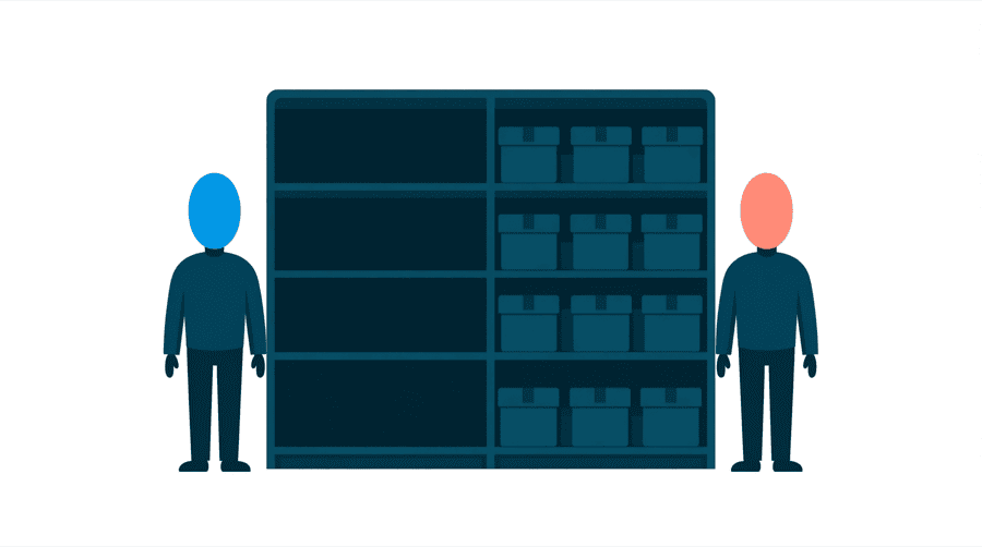 Illustration: two figures either side of a tall shelf where the left half is empty and the right half is packed with boxes