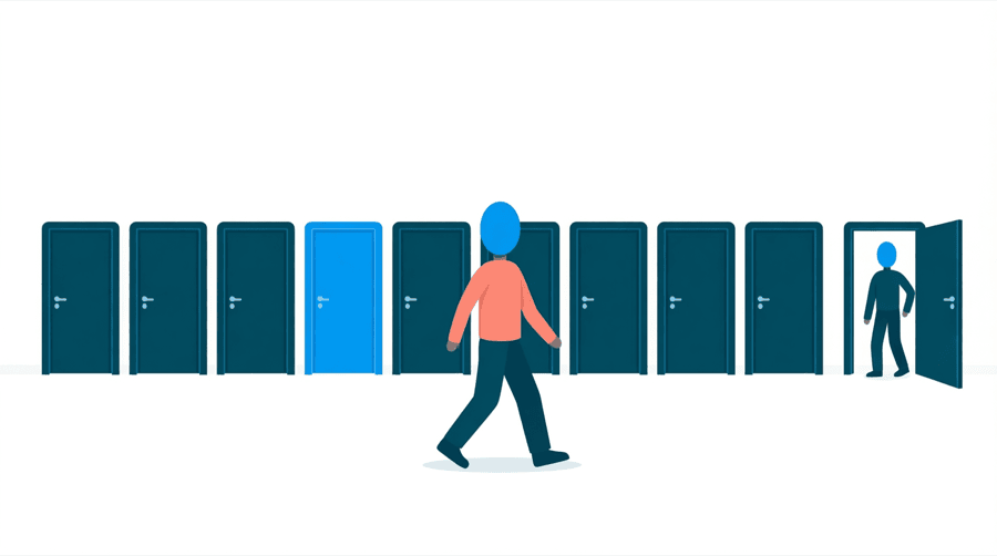 Illustration: a figure walking past a row of ten doors where nine are shut and only the one at the far right stands open