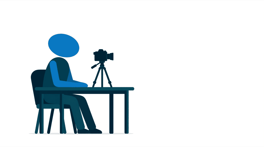 Illustration: a single figure sitting alone at a small desk with a camera on a tripod pointed at them and wide empty space beside them
