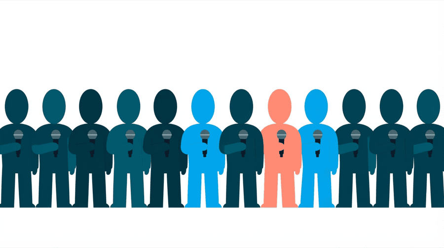 Illustration: twelve figures standing shoulder to shoulder in one row, each holding a small microphone, filling the picture edge to edge