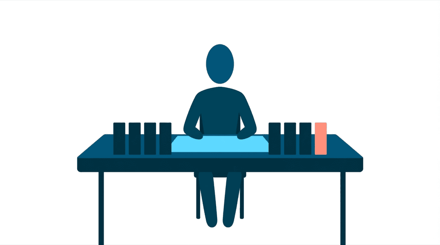 Illustration: a figure at a long desk with a wide flat rectangle in front of them and six small vertical rectangles standing in a row above it