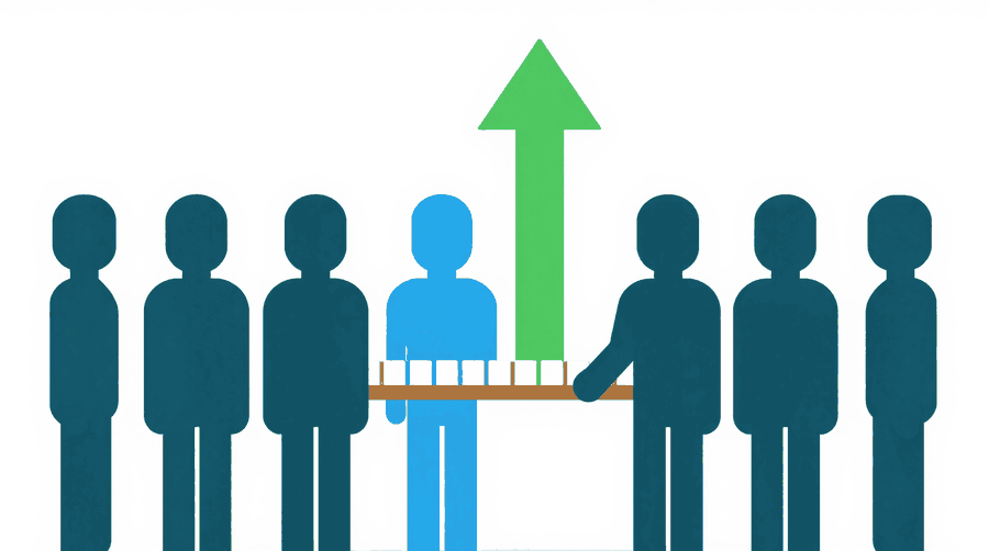 Illustration: a figure placing a long row of small rectangular cards along a shelf, with a tall upward arrow rising above the shelf