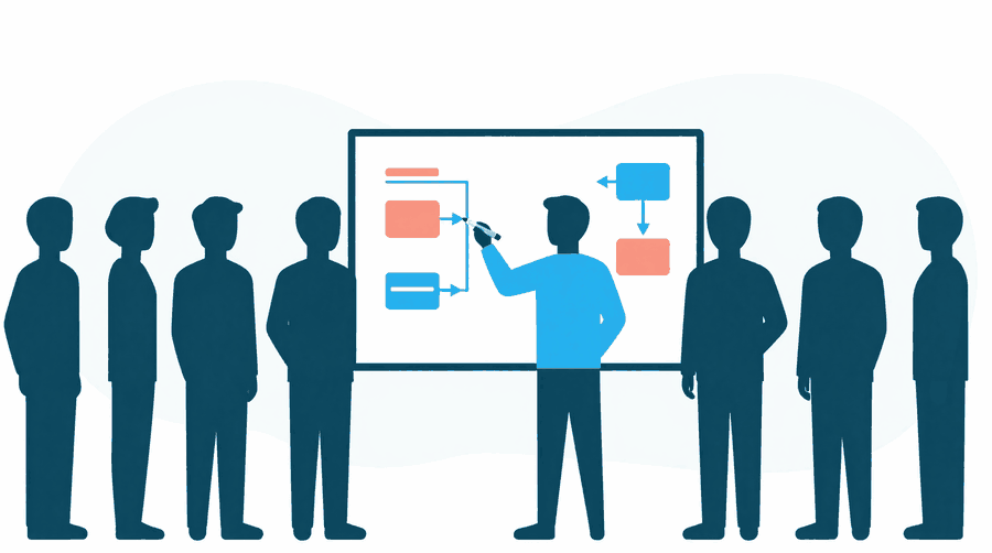 Illustration: a figure standing at a large whiteboard covered in a row of boxes joined by arrows, holding a marker