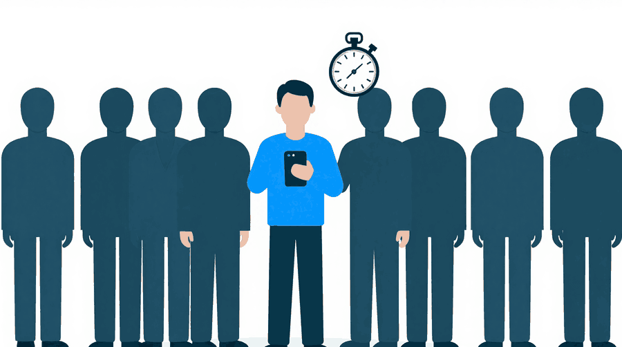 Illustration: a figure holding a smartphone upright in front of their chest, with a large stopwatch floating beside the phone