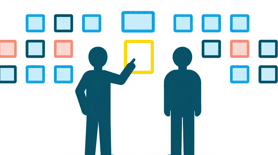 Illustration: two figures in front of a wall of small rectangular picture frames, one figure pointing at a bright frame in the middle of the wall