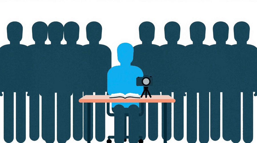 Illustration: a figure sitting at a desk while a camera on a small tripod points down at the notebook in front of them