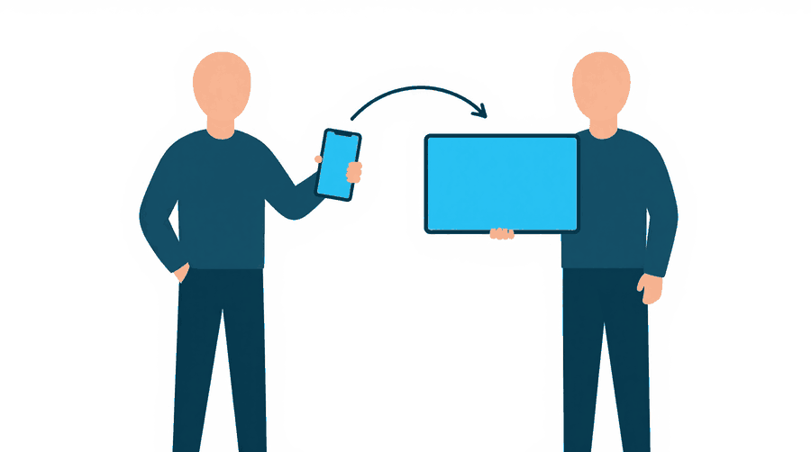 Illustration: two figures, one holding a tall narrow phone screen and one holding a wide screen, with a curved arrow from the narrow screen to the wide screen