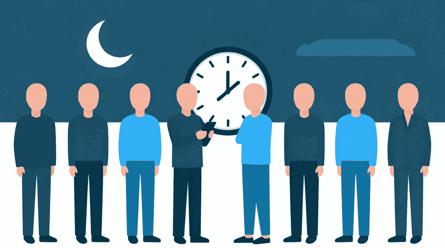 Illustration: a figure holding a smartphone beside a large round wall clock under a dark evening sky with a crescent moon