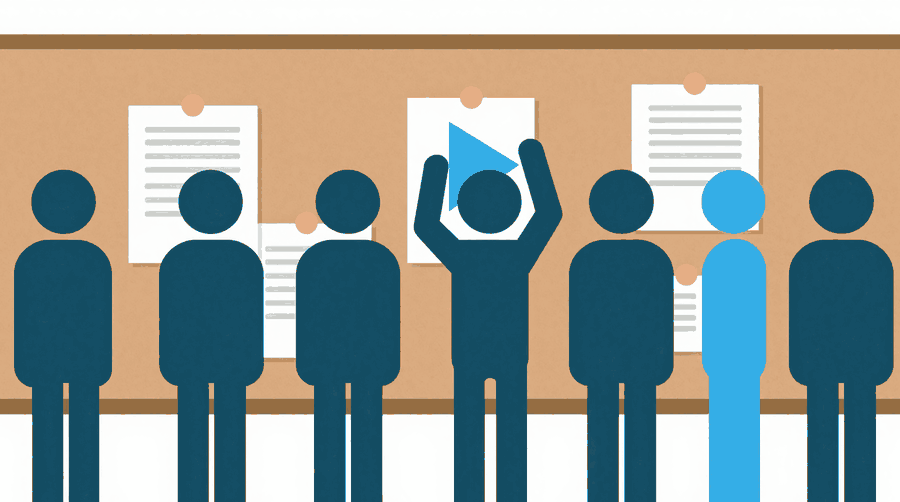 Illustration: a figure pinning a small poster with a play triangle onto a large notice board