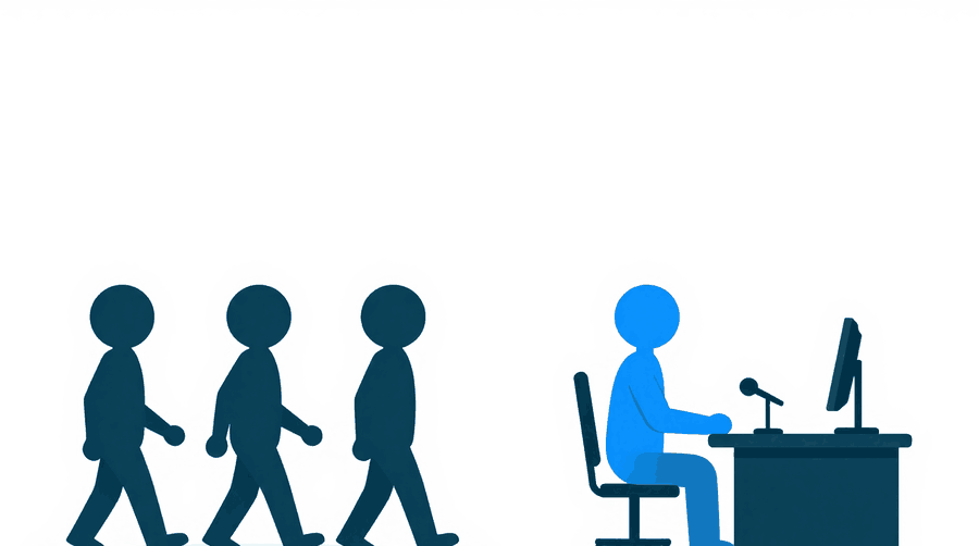Illustration: three figures walking in a line along a path toward a fourth figure sitting at a desk with a microphone and a glowing monitor