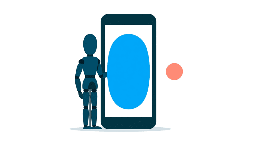 Illustration: a figure stands beside a tall phone frame filled with one large bright blue oval, and a small coral circle floats alone in the empty space to the right