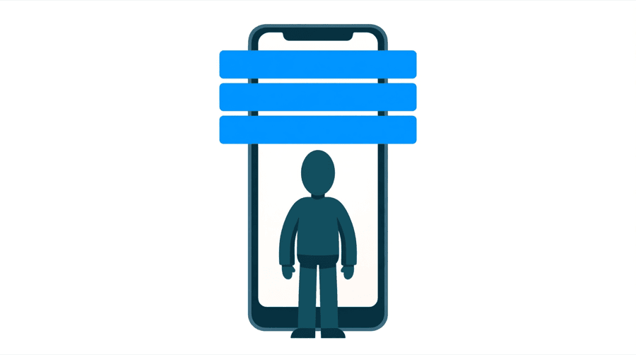 Illustration: a tall phone frame with three thick blank bright blue bars stacked across its upper half, and a figure standing on the screen below them