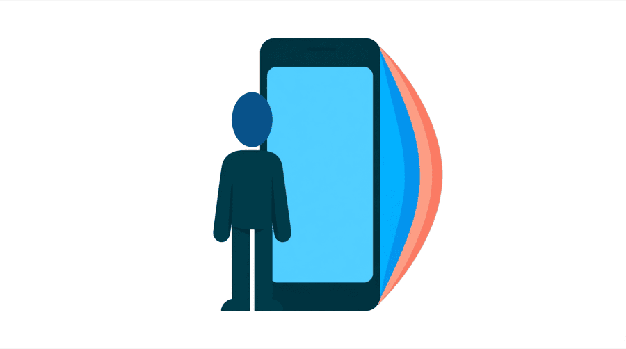 Illustration: a figure stands beside a tall phone frame with three widening curved arcs in bright blue and coral radiating from its right edge