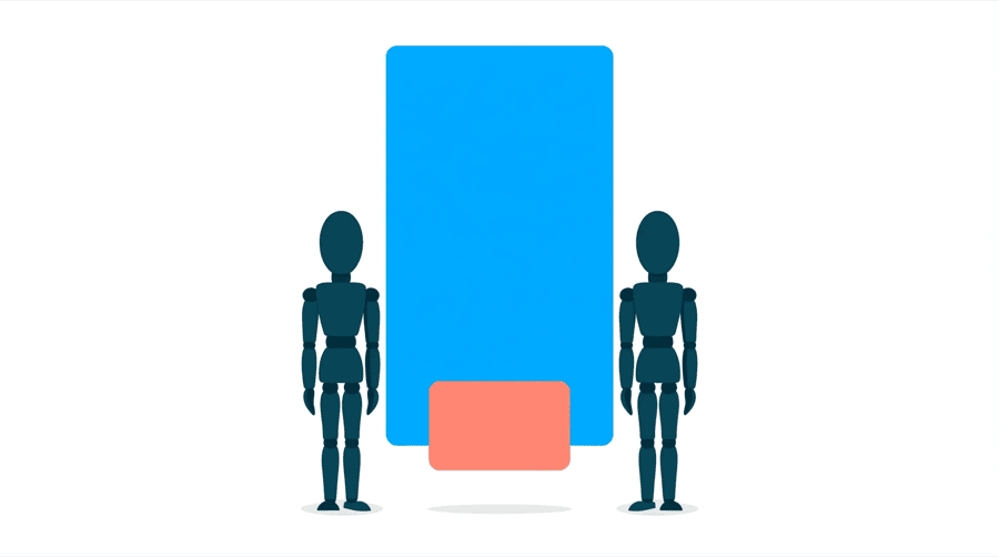 Illustration: two figures stand either side of a tall rectangle filled completely with flat bright blue, with a much smaller coral rectangle at its base