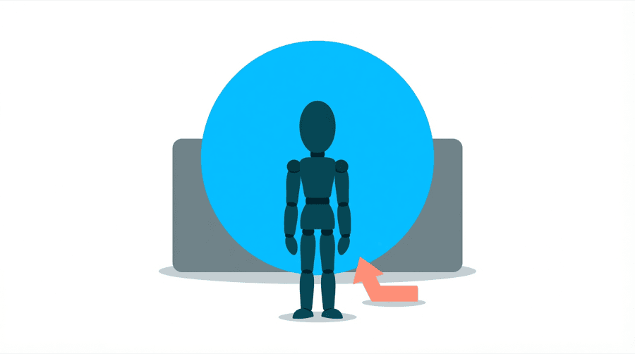 Illustration: a figure stands in front of a large soft bright blue circle that overlaps a hard edged gray square, with a coral arrow pointing at the circle