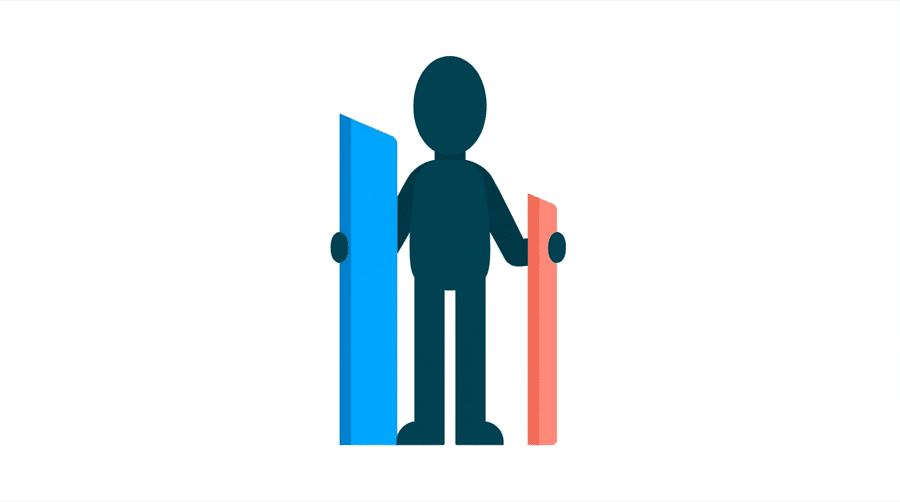 Illustration: a figure stands between one tall bright blue bar and one short coral bar