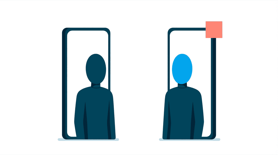 Illustration: two identical tall phone frames each holding a figure, and only the right frame carries a small coral square at its top corner