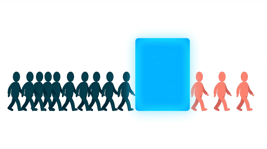 Illustration: a long line of dark figures walks towards a tall glowing blue panel, and the three figures that have passed it are coloured coral
