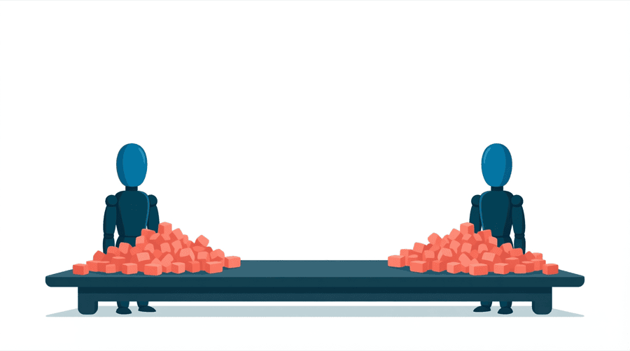Illustration: a long low platform with a dense heap of coral blocks at each end and a completely empty middle, with a figure standing behind each heap