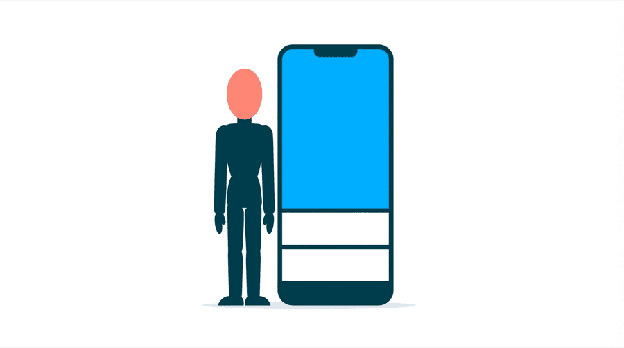 Illustration: a figure with a coral head stands beside a tall phone whose screen is one solid blue band at the top and two plain white bands below it