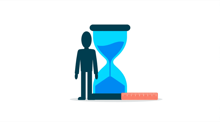 Illustration: a figure stands beside a large bright blue hourglass, with a very short coral ruler lying on the ground beside it in wide empty space