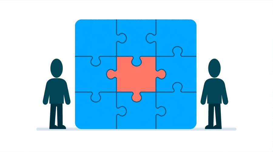Illustration: two figures stand either side of a large blue jigsaw board whose single centre piece is coral