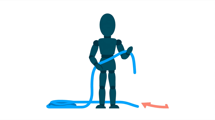 Illustration: a figure holds one end of a long bright blue rope whose far end lies loose on the ground, with a coral arrow pointing back along it