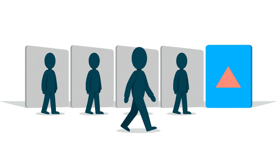 Illustration: figures stand in front of a row of plain gray panels while one figure walks past towards a bright blue panel carrying a single coral triangle