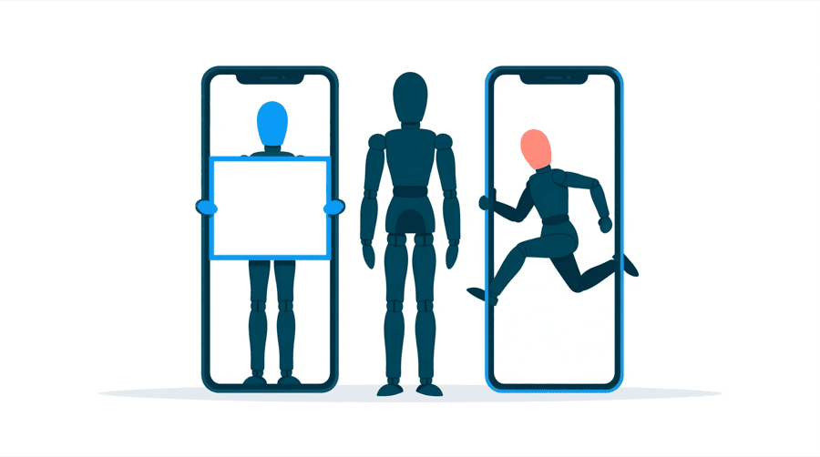 Illustration: two tall phone frames, the left one holding a figure with a blank sign and the right one holding a figure caught mid stride, with a third figure standing between them