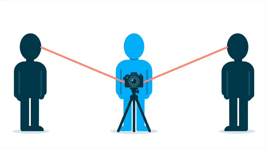 Illustration: a blue figure behind a camera on a tripod, with two straight coral lines running from the camera lens to the heads of two figures facing it