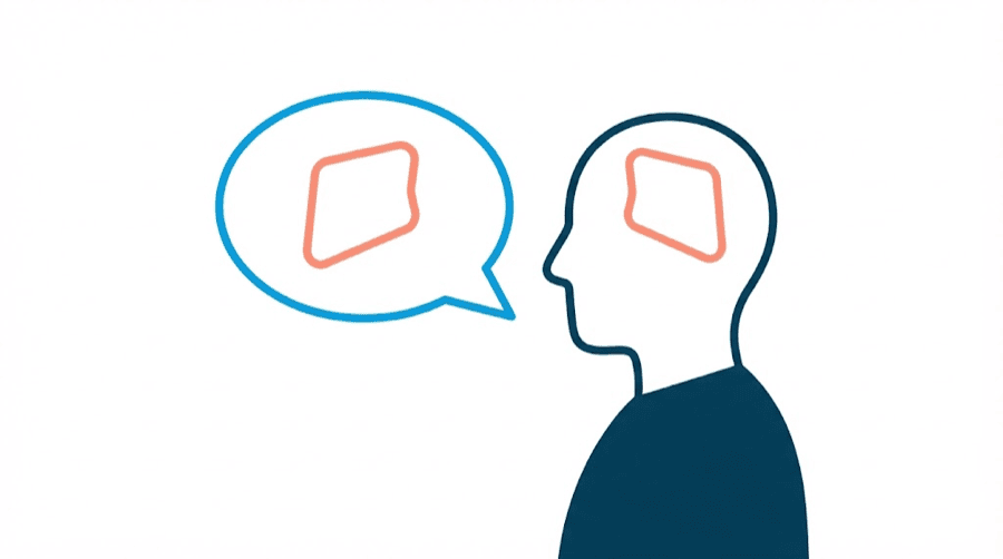 Illustration: a speech bubble containing a crooked shape sits in front of a viewer's head, and a matching crooked shape inside the head lines up with it