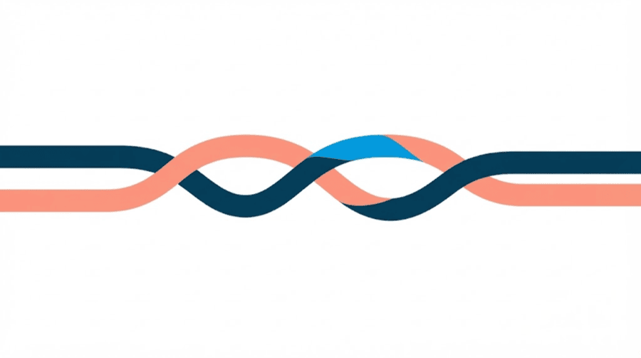 Illustration: two ribbons of different colours running side by side across the frame, weaving over and under each other and finishing together