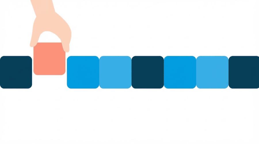 Illustration: a row of blocks running across the frame with one gap near the left end, and a hand lowering a coral block down into that gap