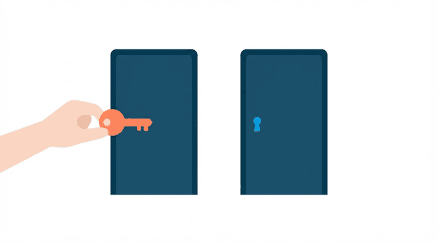Illustration: a hand offering a key beside a door that has no keyhole, with a second door nearby that does have one