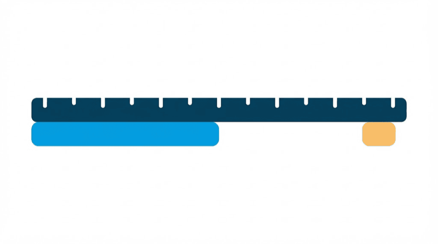 Illustration: a long notched ruler with a wide blue bar beneath its left half and a much smaller amber block beneath its right end