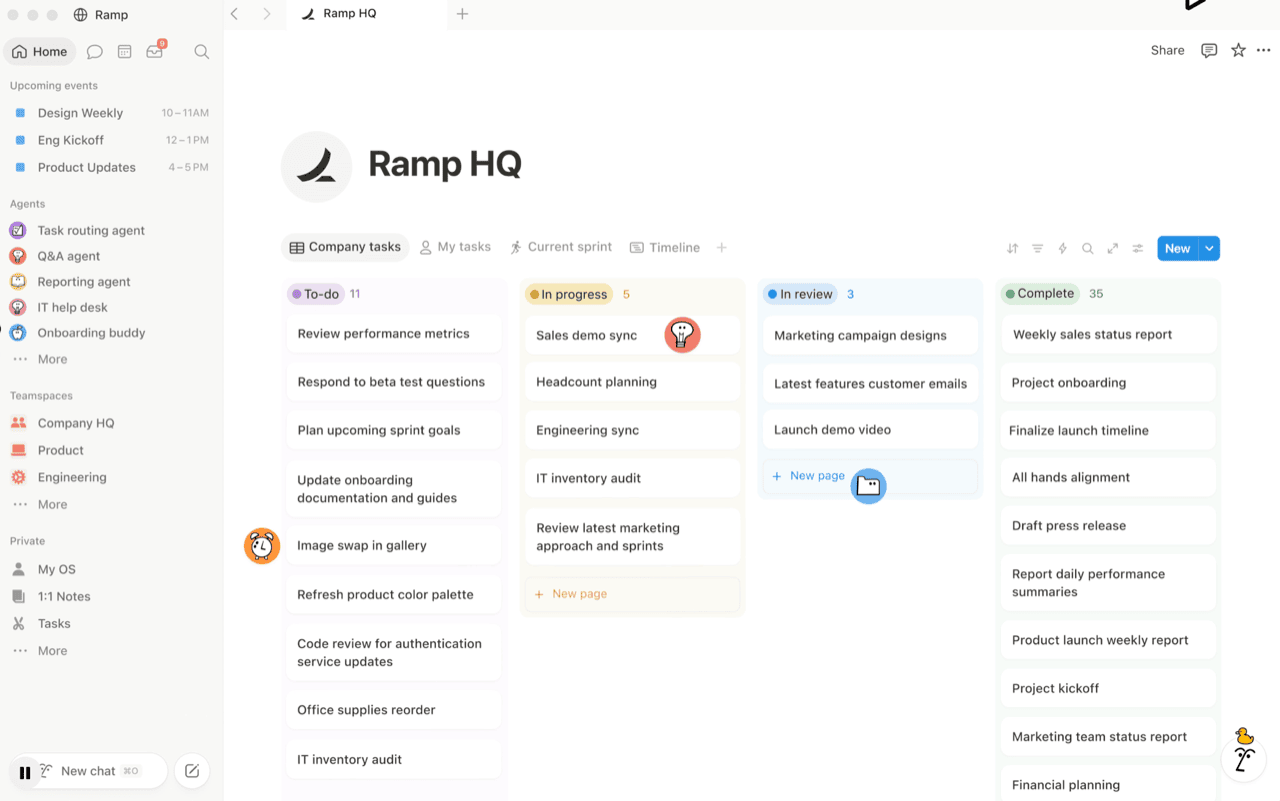 A Notion workspace showing the sidebar with teamspaces and agents on the left, and one database drawn as a four column board with To-do, In progress, In review and Complete