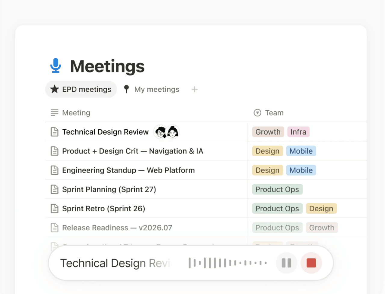 A Notion Meetings database drawn as a table with coloured team tags, and the AI meeting recorder running along the bottom