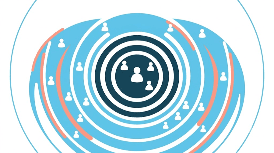 Illustration: concentric ripples spreading from a small central group of blank figures out to many more scattered figures beyond it, showing reach to strangers