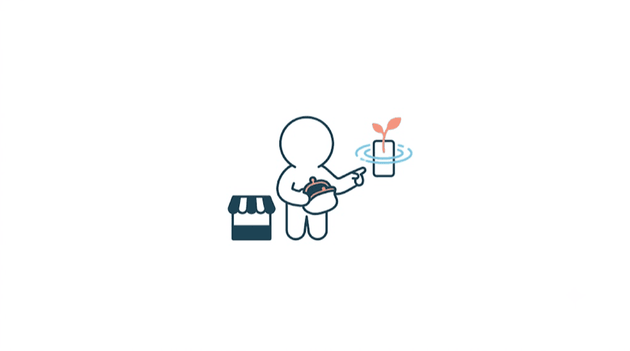 Illustration: a small blank figure by a market stall holding an empty purse and pointing at a phone that sprouts a shoot, showing a low-budget growth route