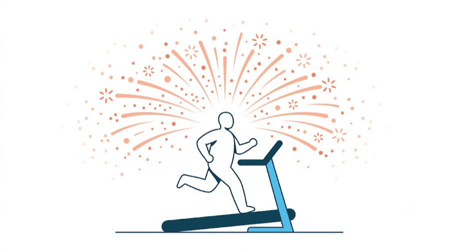 Illustration: a blank figure running on a treadmill under a bursting firework of fading dots, showing fast reach that quickly disappears