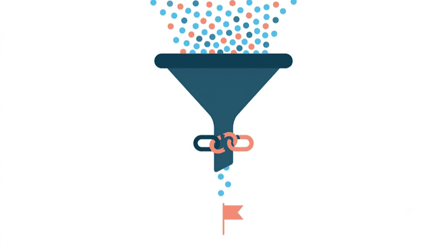 Illustration: a wide funnel full of dots pinched shut by a broken chain link, with only a trickle reaching a small flag below