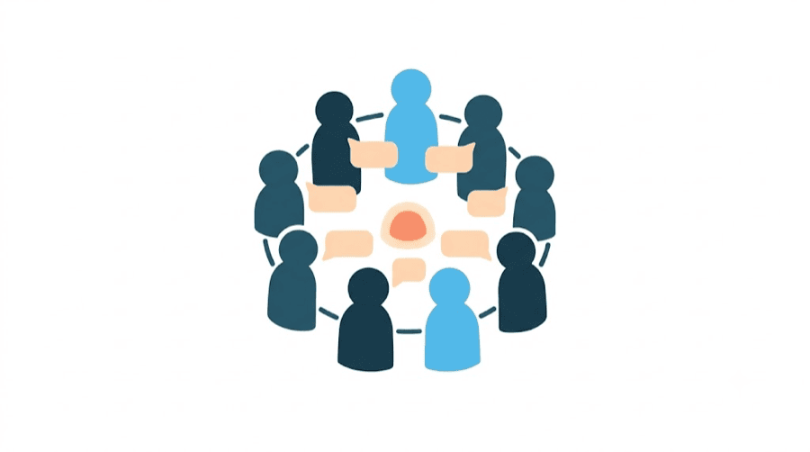 Illustration: a ring of blank figures facing inward around a small warm glow with blank speech bubbles between them, showing a connected community