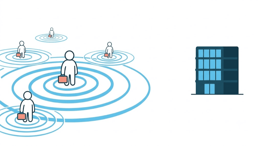 Illustration: a blank figure with a briefcase sending ripples out to other briefcase-carrying figures while a plain office building sits quiet nearby