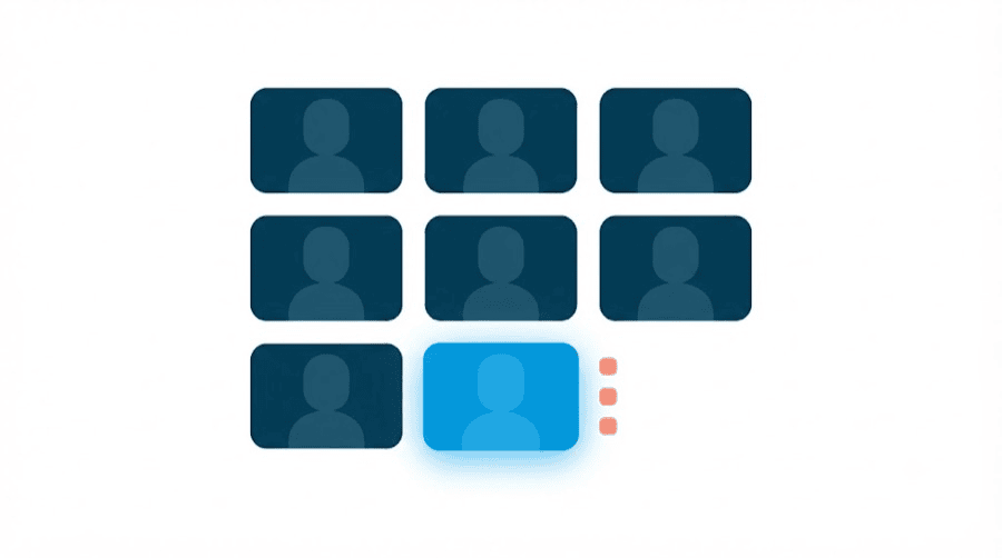 Illustration: a grid of nine dark video cards each holding a blank rounded figure, with one card lit up in bright blue and marked by three small coral squares