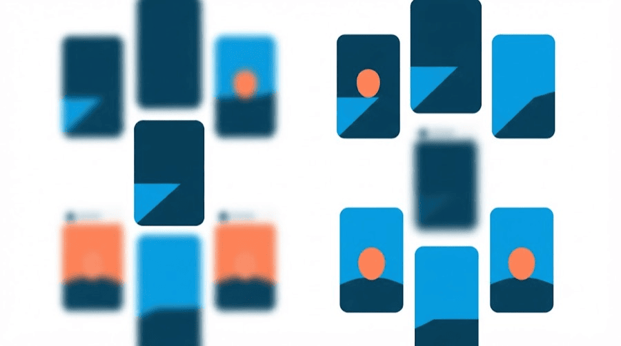 Illustration: two groups of feed cards, the left group blurred and soft with one sharp card among them, the right group sharp with one blurred card lost inside it