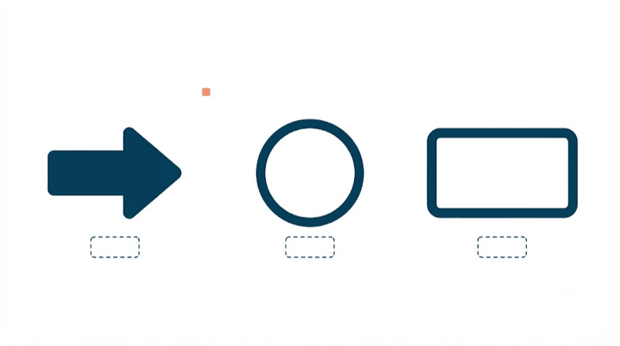 Illustration: a solid navy arrow, a navy circle outline and a navy rectangular border in a row, each with an empty dashed box beneath it